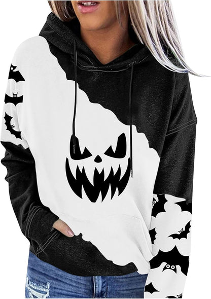 Halloween Hoodie for Women 2024 Scary Pumpkin Printed Long Sleeve Sweatshirts Pullover Cute Costumes with Pockets