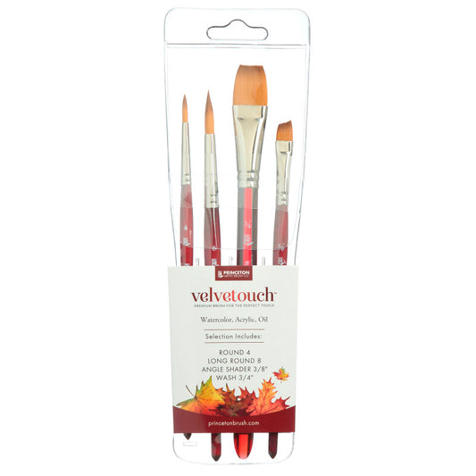 Velvetouch Mixed Media Brush Set, Synthetic Bristles, Short Handle Mixed Media Paintbrush, Scarlet, 4 Pieces