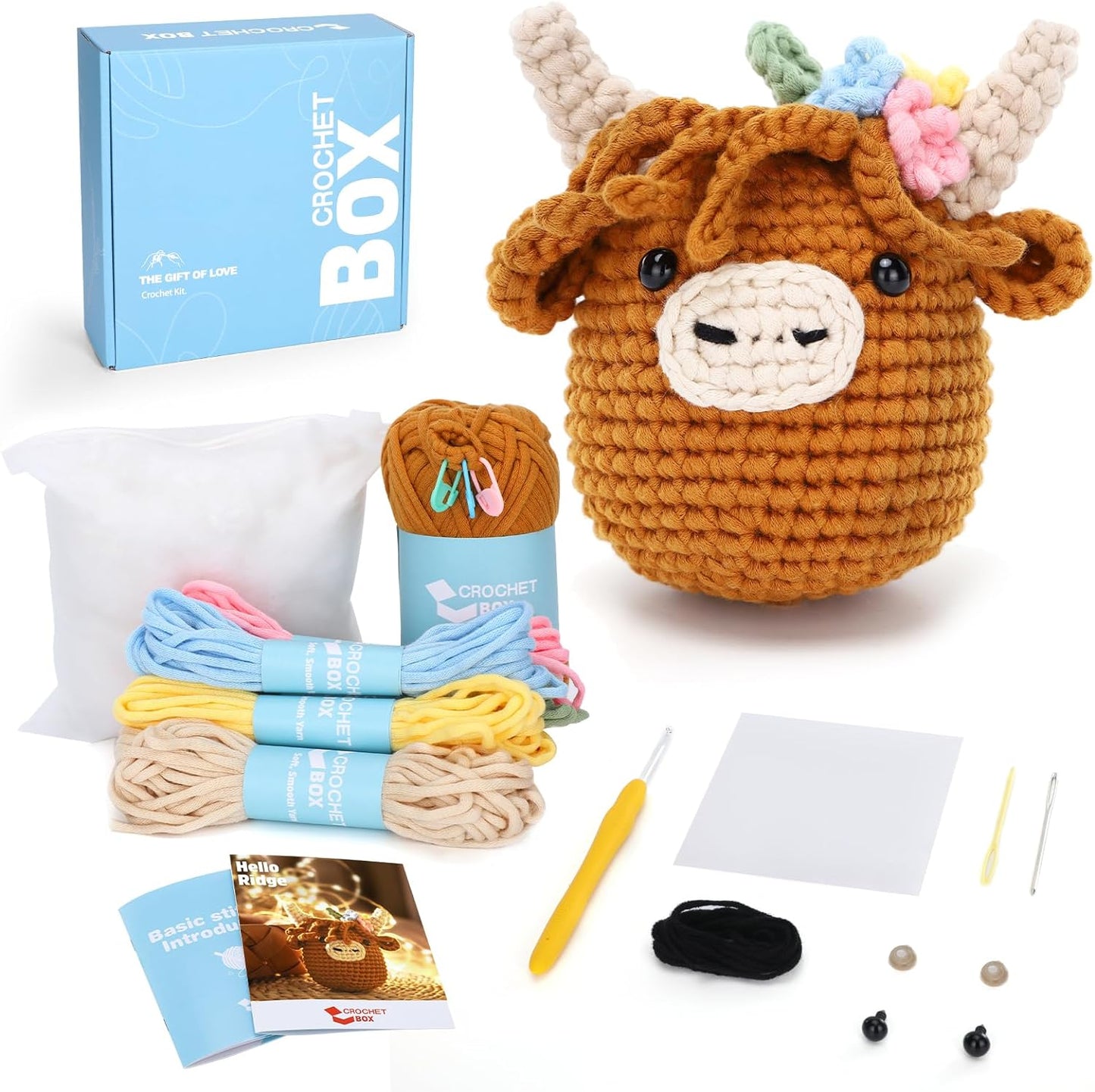 Crochet Kit for Beginners: Highland Cow Crochet Kit, Learn to Crochet, Include Easy Knitting Soft Yarn, Step-By-Step Video Tutorial, Hook, Holiday Birthday Gift for Adults and Kids(30%+ Yarn)