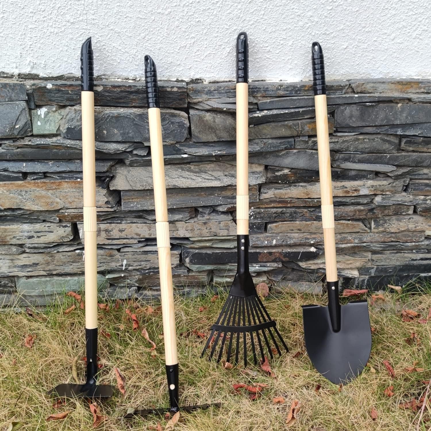 7PCS Kids Gardening Tools, Long Shovel, Rake for Leaves, Spade, Hoe, Steel Heads & Real Wood Handle, Yard Tools for Children Toddlers Gifts