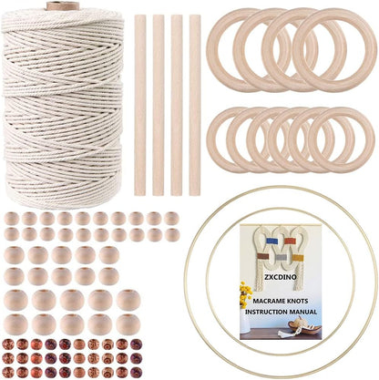 152Pcs Macrame Kits for Beginners 3Mm X 220Yards Natural Cotton Macrame Cord with Wooden Beads,Wooden Rings,Wooden Sticks,Metal Rings Macrame Supplies Best for Macrame Plant Hanger