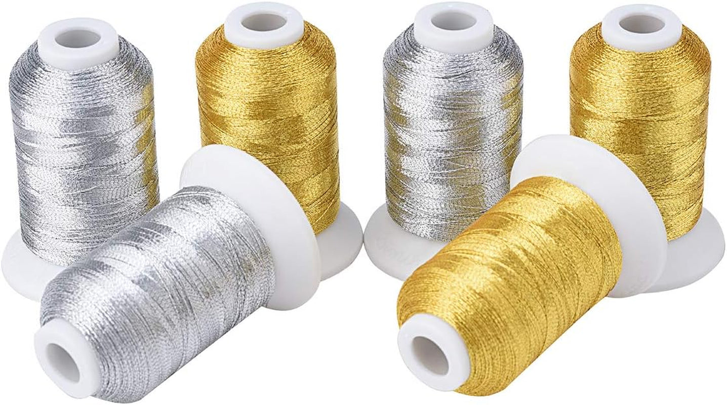 6 Spools Metallic Embroidery Machine Thread (3 Gold+ 3 Silver Colors) 500M(550Y) for Embroidery and Decorative Sewing