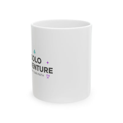 Solo Adventures > Settling | 11oz Ceramic Coffee Mug for Self-Love | Galentine’s & Friend Gift | Minimal Mountain Y2K Valentine