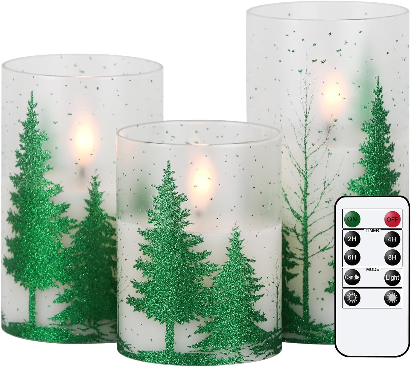 Christmas Tree Glass Flameless Candles with Remote Timer Battery Operated Real Wax 3D Wick LED Flickering Pillar Candles Christmas Holiday Decor(Green, 3 X 4,5,6 Inch)