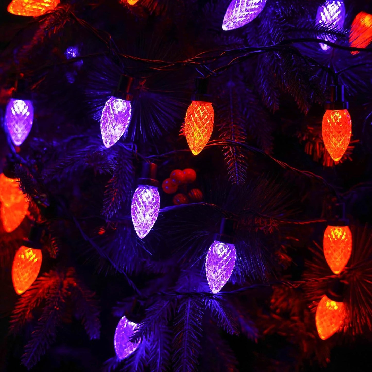 2PK 100 LED 98FT Orange and Purple C9 Halloween Lights Waterproof Indoor Outdoor, Extendable Halloween String Lights Green Wire for outside Party Trees Fall Lights Garden Halloween Decorations