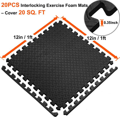 Exercise Mats Puzzle Foam Mats Gym Flooring Mat Cover 20 SQ.FT Interlocking Foam Mats with EVA Foam Floor Tiles for Home Gym Equipment Workouts (20Pcs Black Exercise Mats)