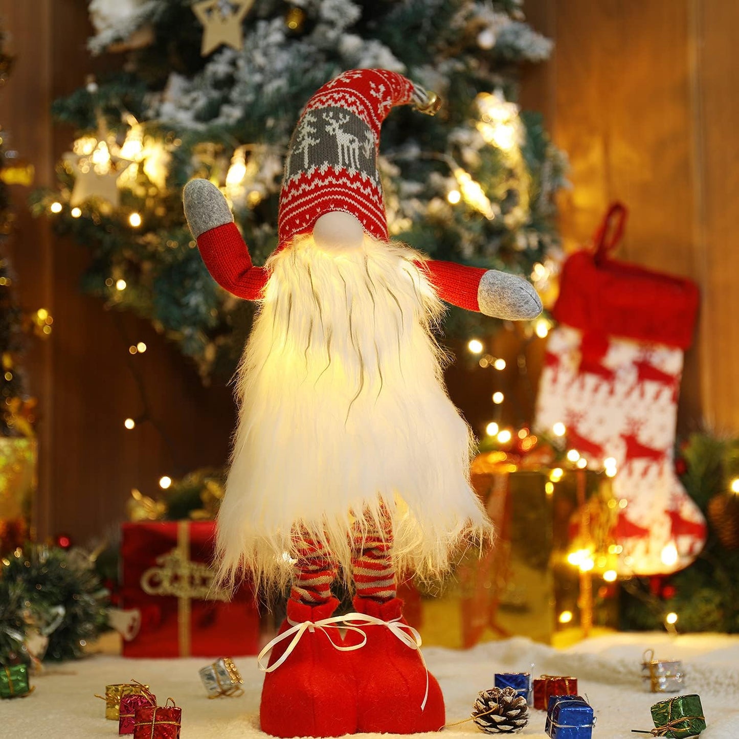 2Pc Large Lighted Standing Christmas Gnome Decorations 21Inch with Spring Leg Light up Christmas Knome Gift for Home Decor