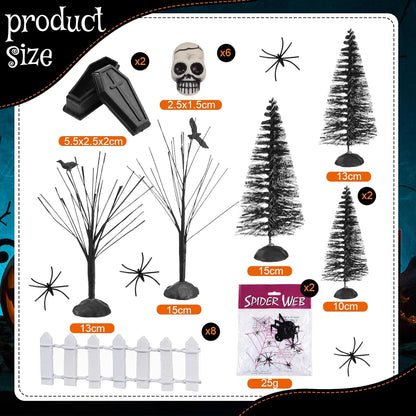 32 Pcs Halloween Village Accessories Ornaments Set Spooky Halloween Town Set Halloween Tombstones Skeleton Tiny Trees Fake Spiders Decor Halloween Village Set for Party Town Decorations