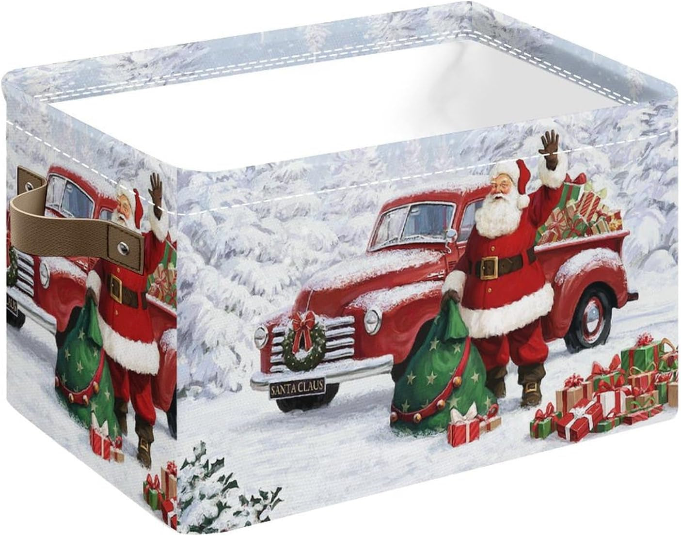 Christmas Storage Baskets,Xmas Truck Collapsible Toy Storage Bins,Collapsible Rectangular Canvas Fabric Storage Bin with Leather Handles for Home,Offices,Bedroom