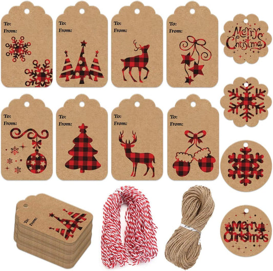 120 Pieces Christmas Kraft Paper Gift Tags Hang Labels with Red and Black Plaid Snowflake Christmas Tree Elk Patterns and 230 Feet Twine Rope for Christmas