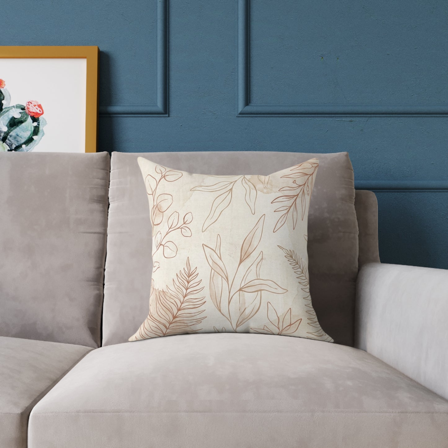 Botanical Neutral Square Pillow — Beige Watercolor Leaf Throw Cushion