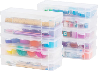 USA Plastic Bead Craft Hobby Art School Supply Pencil Box Storage Organizer Container with Latching Lid, 10-Pack, for Pens Ribbons Wahi Tape Sticker Yarn Ornaments, Stackable, Clear, Medium