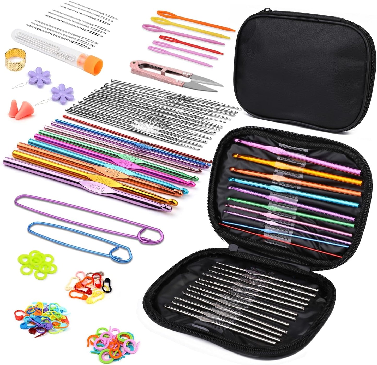 54 Pcs Crochet Needles Set, Crochet Hooks Kit with Storage Case, Ergonomic Knitting Needles Blunt Needles Stitch Marker DIY Hand Knitting Craft Art Tools for Beginners