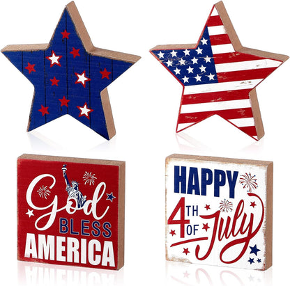 4 Pcs 4Th of July Patriotic Tiered Tray Decor Memorial Day Independence Table Decorations Farmhouse Stars Centerpiece Wood Signs Lady Liberty Signs Standing Blocks Red White Blue (Star)