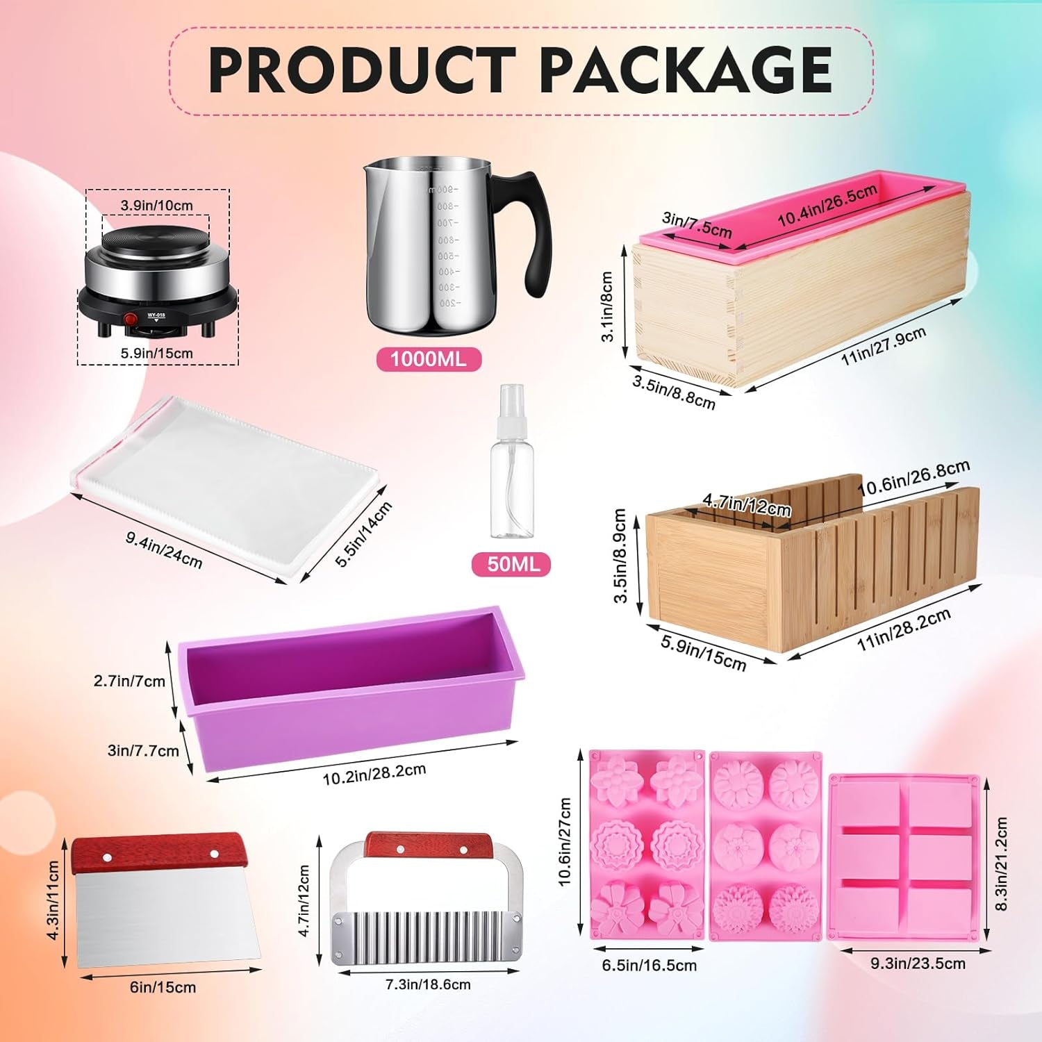 17 Pcs Soap Making Kit Includes Silicone Mold Wooden Box Soap Cutter Mold Electronic Hot Plate Cutter Measuring Tools DIY Soap Making Tools for Adults Beginners (European Plug)