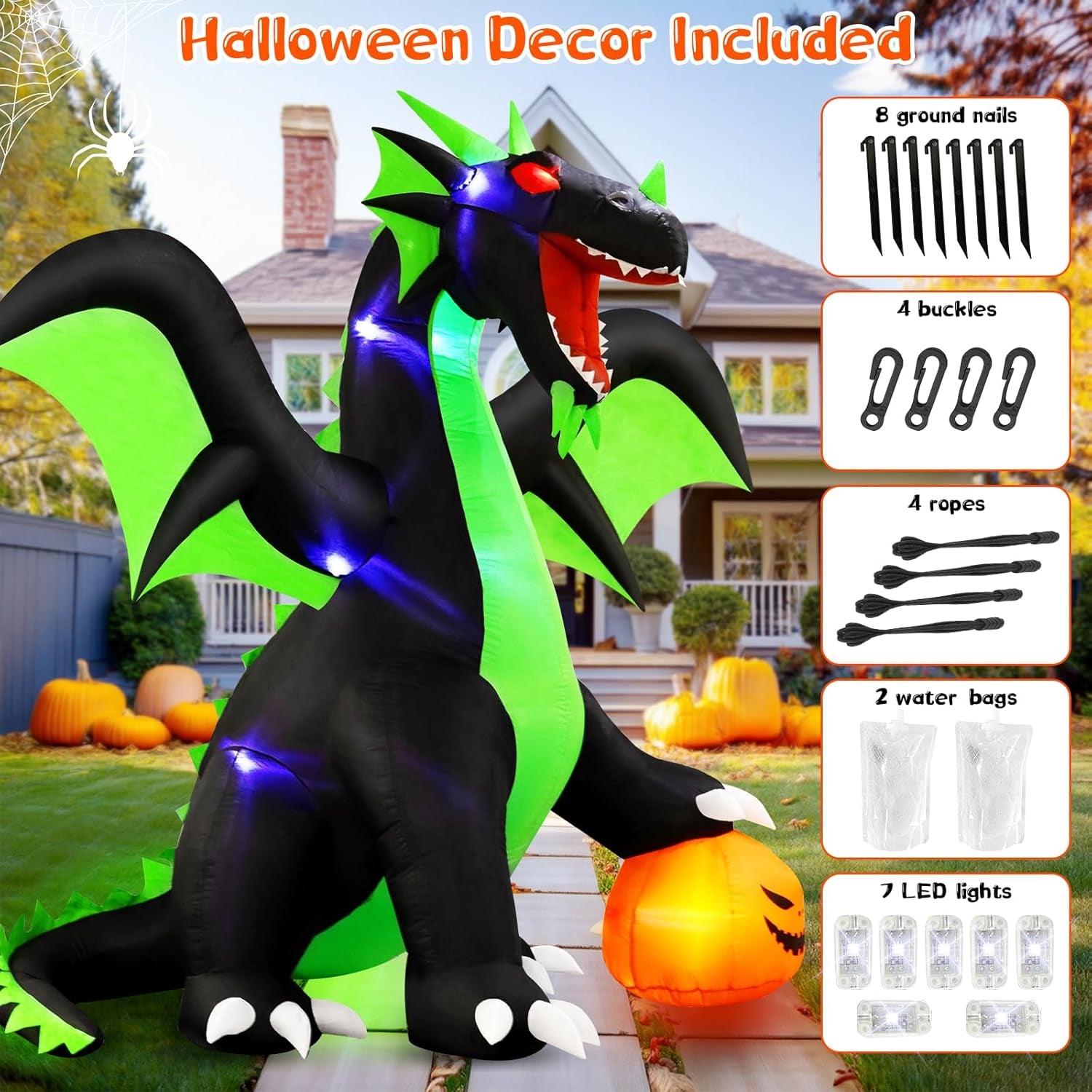 Halloween Inflatable Dragon Outdoor Decorations : 9FT Large Blow up Yard Dragon with Pumpkin and LED Lights for Halloween Fun Holiday Party Garden Lawn Decoration