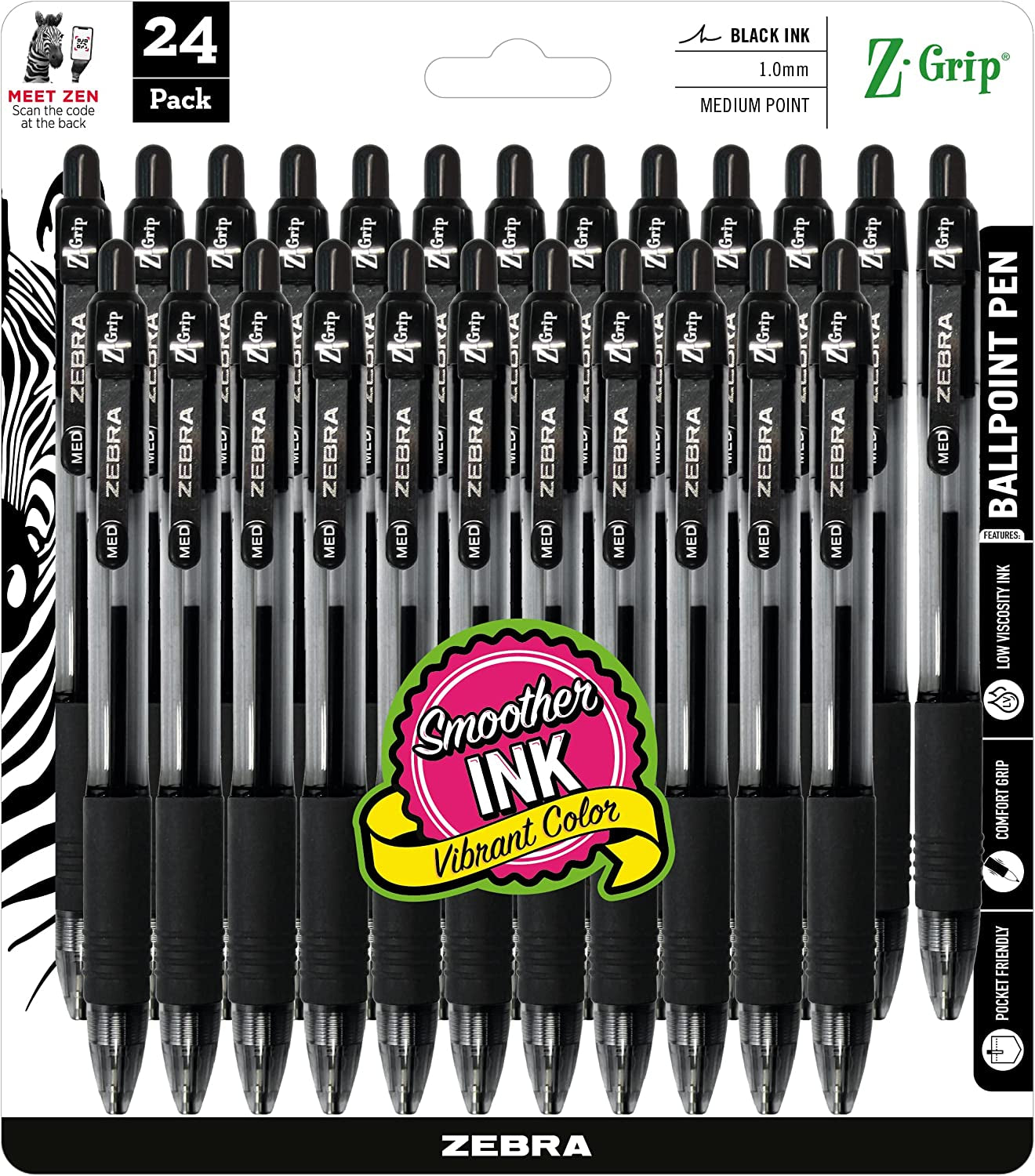 Pen Z-Grip Retractable Ballpoint Pen, Medium Point, Black Ink, 18-Pack, Model Number: 22218