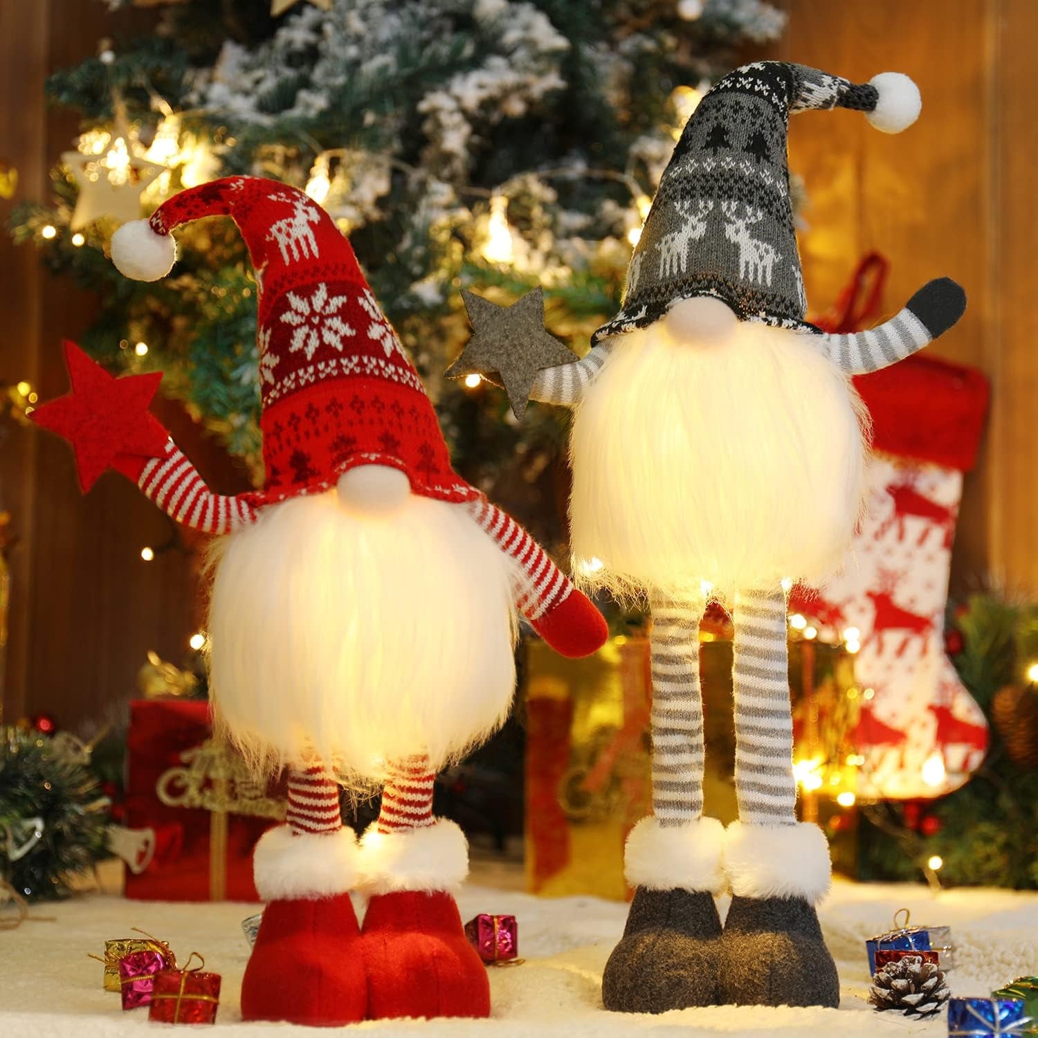 2Pcs 24.8 Inch Large Size Lighted Standing Christmas Gnomes Decorations with Retractable Spring Legs Light up Christmas Knome Gift Winter Tabletop Christmas Decorations