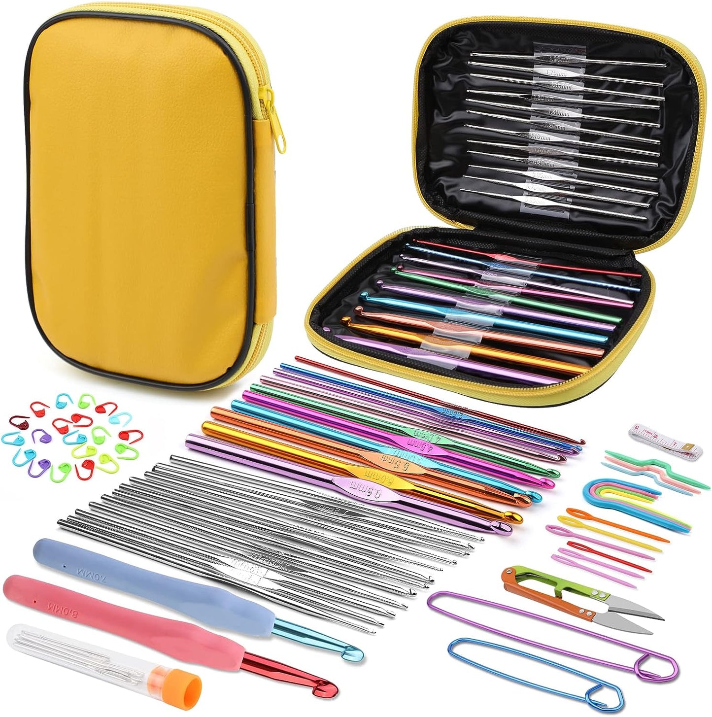 54 Pcs Crochet Needles Set, Crochet Hooks Kit with Storage Case, Ergonomic Knitting Needles Blunt Needles Stitch Marker DIY Hand Knitting Craft Art Tools for Beginners