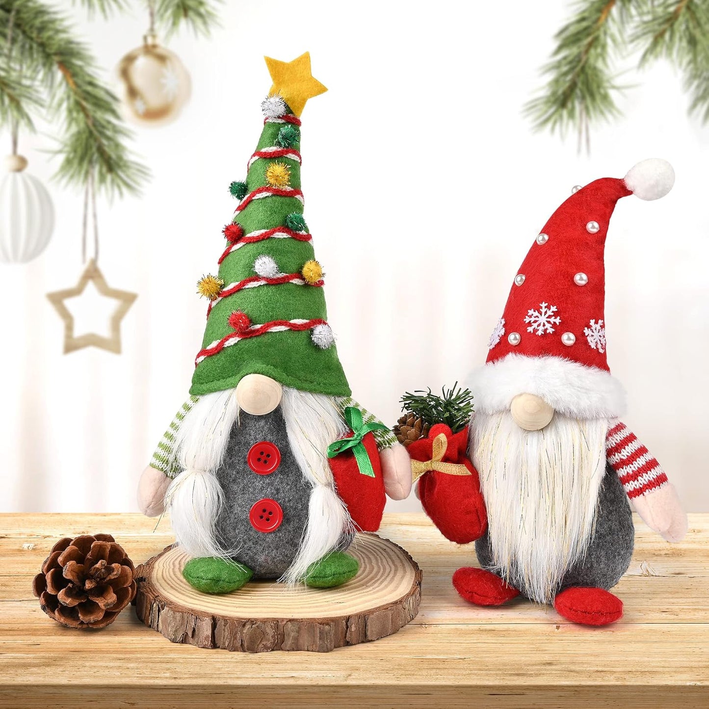 Christmas Gnomes Decorations, 2PCS Handmade Swedish Tomte Xmas Gnomes Plush Ornaments, Scandinavian Santa Figurines with Pine Cone Gift, Elf Doll Christmas Table Home Decorations(12 In)