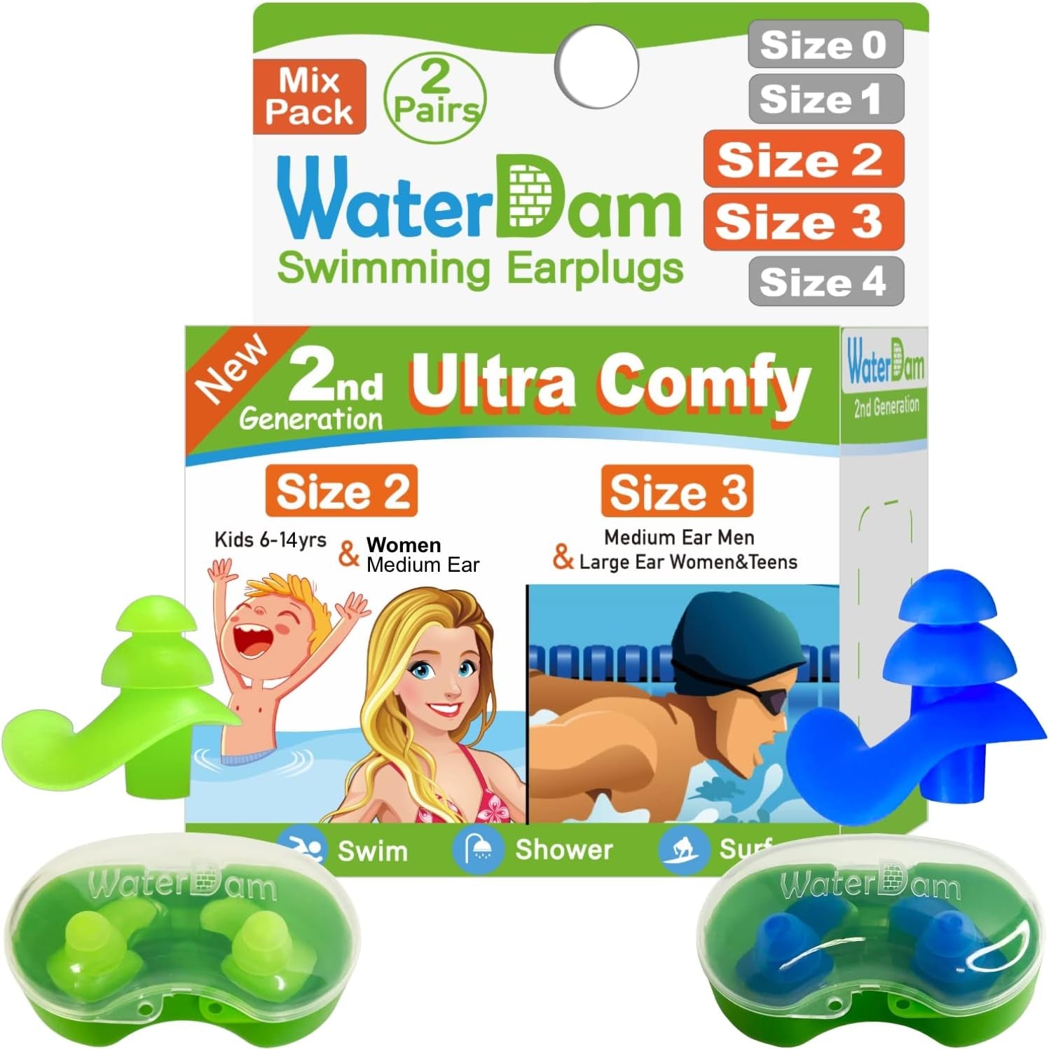 A-Series Swimming Ear Plugs Ultra Comfy Great Waterproof Earplugs (Mixed Sizes, Size 2A+2: Kids Teens Medium Ear Women Small Ear Men (Green Blue))
