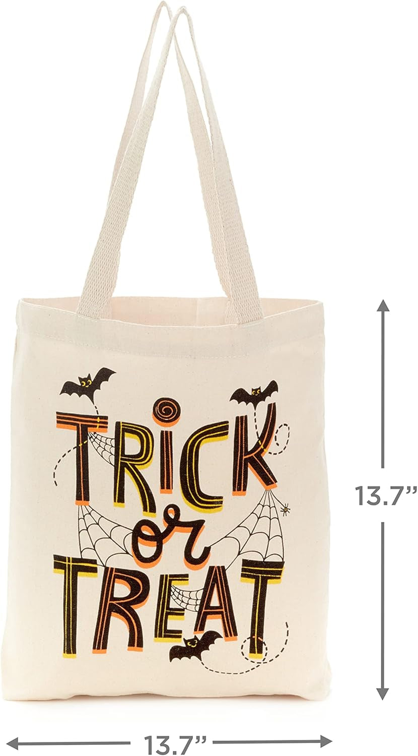 13" Large Halloween Tote Bag (Trick or Treat, Bats and Spiders) Reusable Canvas Bag for Trick or Treating, Grocery Shopping and More