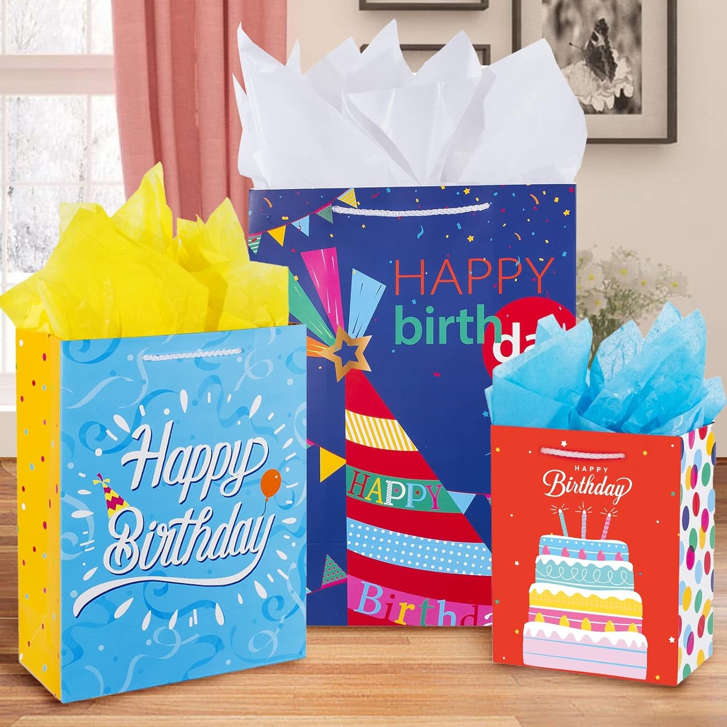 Birthday Gift Bag with Handle and Tissue Paper, 12 Pcs Gift Bags Assorted Sizes and Designs, Large, Medium, Small Size Birthday Gift Bag for Boys, Girls, 13”, 9” )