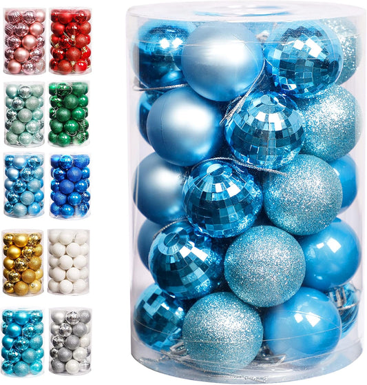 Christmas Ball Ornaments, 34 Ct Pre-Strung Xmas Tree Decorations, Holiday Hanging Balls Sky Blue 1.57"