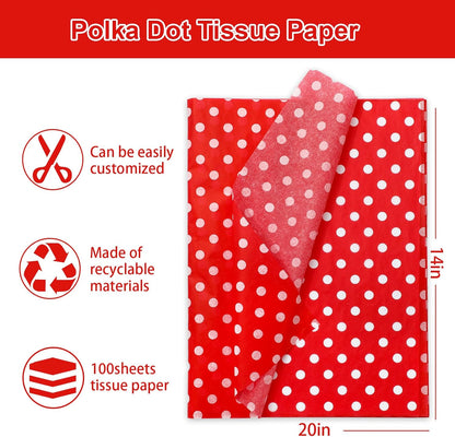 100 Sheets Polka Dot Tissue Paper Christmas Gift Wrapping Paper Red White Art Paper for Xmas Holiday Birthday Baby Shower Party DIY Crafts Supplies, 14 X 20 Inch