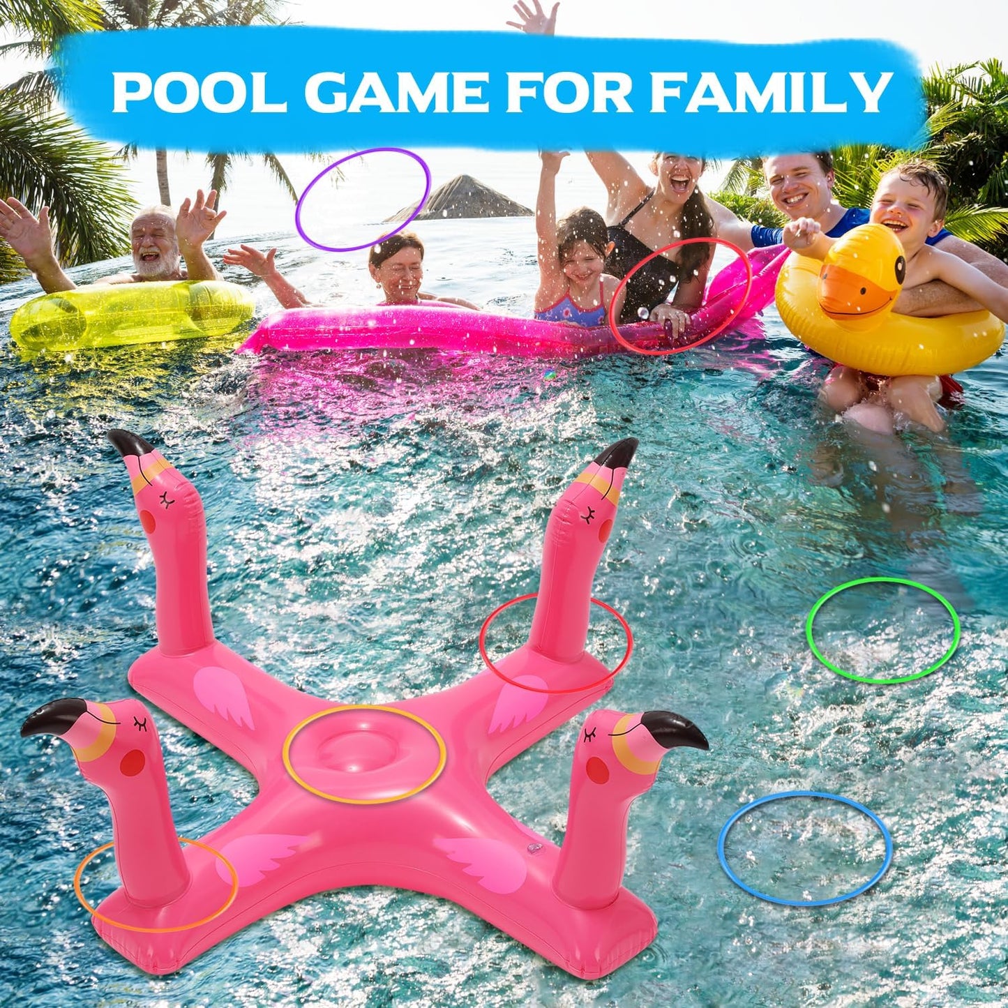 Inflatable Pool Ring Toss Games Toys, Floating Shark Flamingo Swimming Pool Ring with 6Pcs Rings, Swimming Pool Games for Kids Adults Summer Pool Party