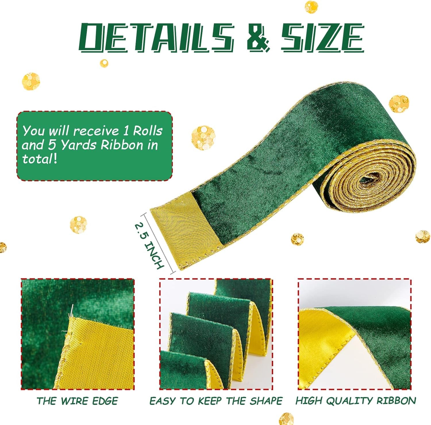 Green Wide Velvet Ribbon Wired for Christmas Tree, Garland, Wreath, 1.5 Inch 10 Yards