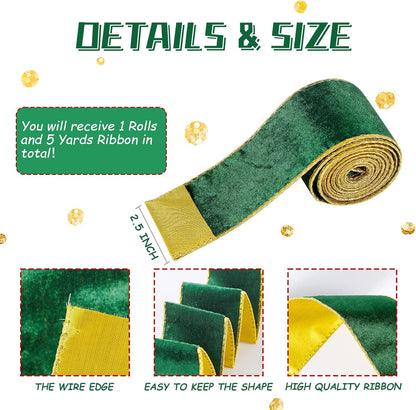 Green Wide Velvet Ribbon Wired for Christmas Tree, Garland, Wreath, 1.5 Inch 10 Yards