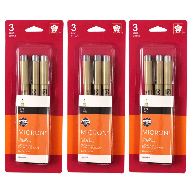 Pigma Micron Pens, Size 03 Fine Point, Black, 3 Per Set, 3 Sets
