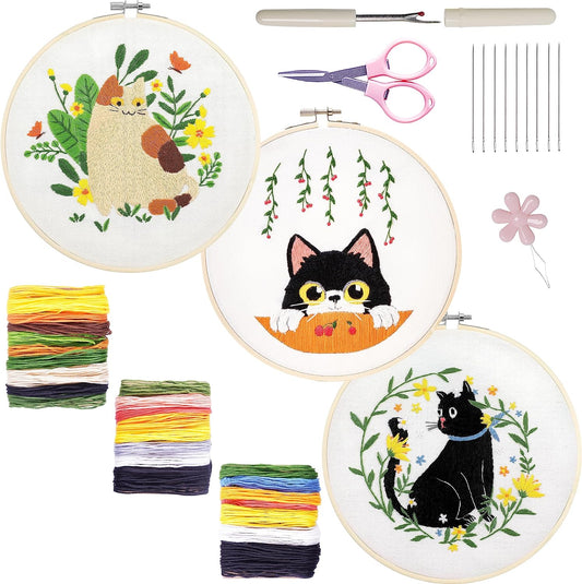 Embroidery Kit for Beginners, 3 Sets Embroidery Kit for Craft Lover Handy Stitch with Embroidery Fabric with Pattern,Full Range Accessories (Cats)