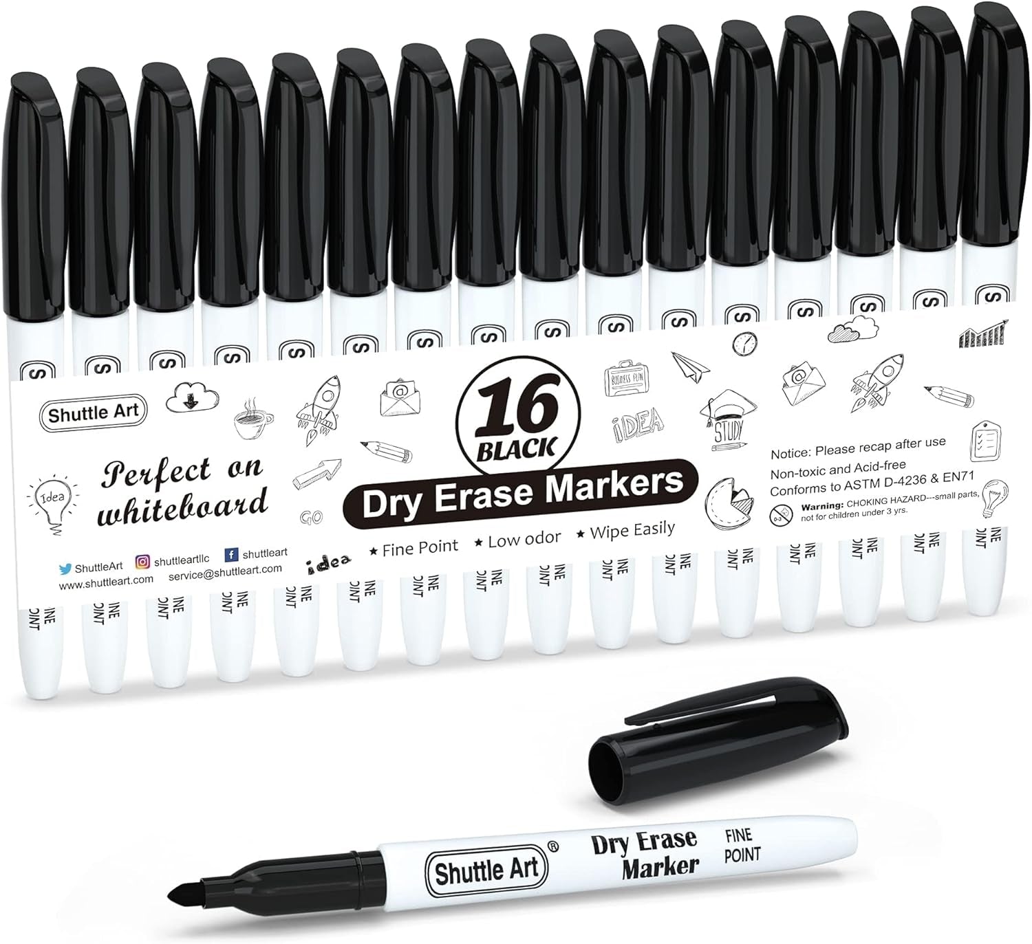 Dry Erase Markers, 16 Pack Black Whiteboard Markers,Fine Tip Dry Erase Markers for Kids,Perfect for Writing on Whiteboards, Dry-Erase Boards,Mirrors,Calender,School Office Supplies