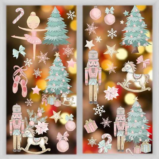 Pink Christmas Window Clings,Merry Christmas Supplies 9 Sheets Christmas Window Stickers Removable Christmas Decor for Glass Windows Winter Xmas Holiday