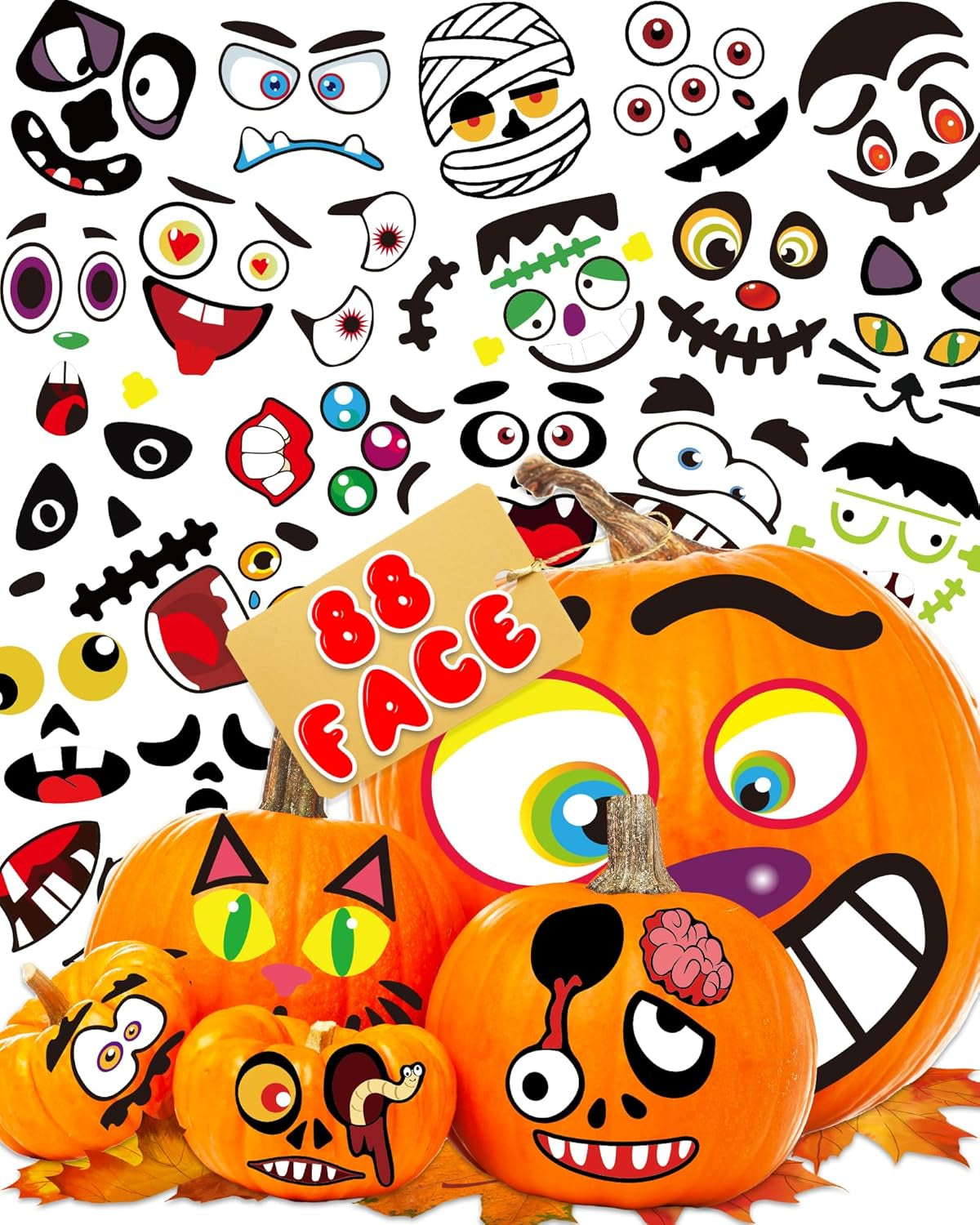 Halloween Pumpkin Stickers for Kids, 88 Funny Face Pumpkin Decorating Kit, Halloween Crafts Games Halloween Pumpkin Painting Kit for Halloween Party Decorations