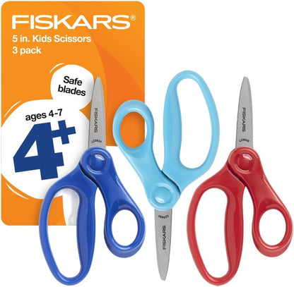 5" Pointed-Tip Scissors for Kids 4-7 (3-Pack) - Scissors for School or Crafting - Back to School Supplies - Red, Blue, Turquoise