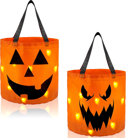 Halloween Trick or Treat Bags 10 X 11.8 Inches LED Light Pumpkin Buckets Reusable Goody Bucket for Kids Halloween Birthday Party