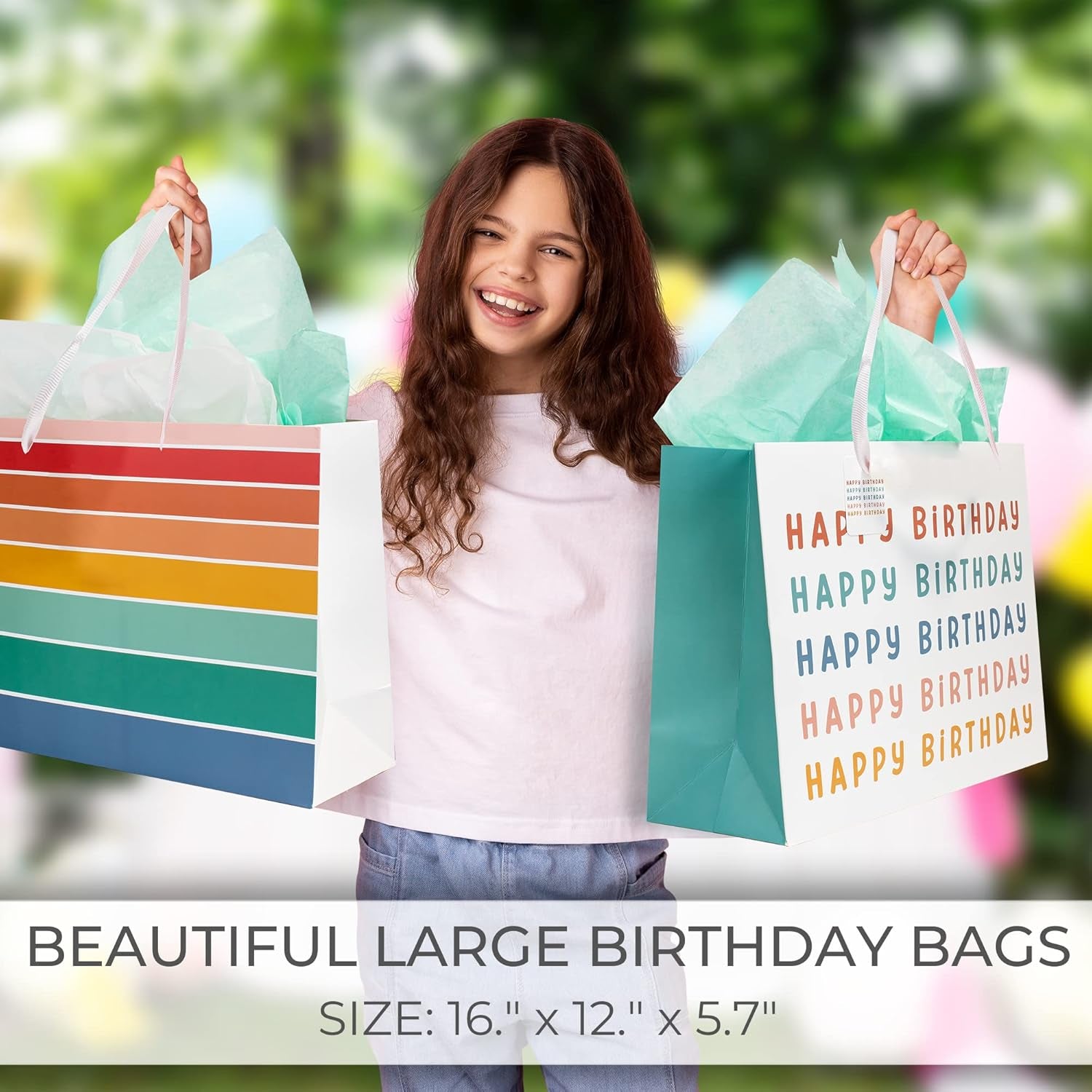 Beautiful Birthday Gift Bags Set of 2 - Large 16" Bags with Handles Incl. Matching Tissue Paper, Cards & Stickers - Reusable and Perfect for Presents…