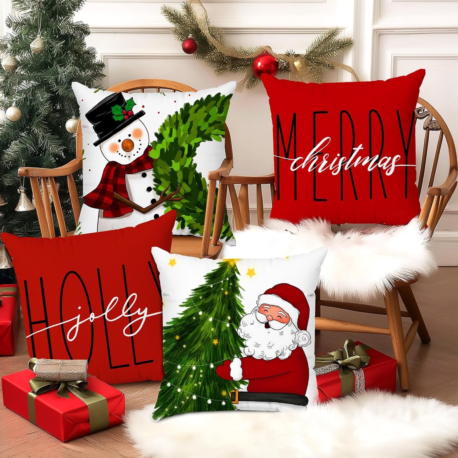 Christmas Pillow Covers 20X20 Set of 4 Christmas Decorations Snowman Wreath Santa Tree Winter Holiday Decor Throw Cushion Case for Home Couch