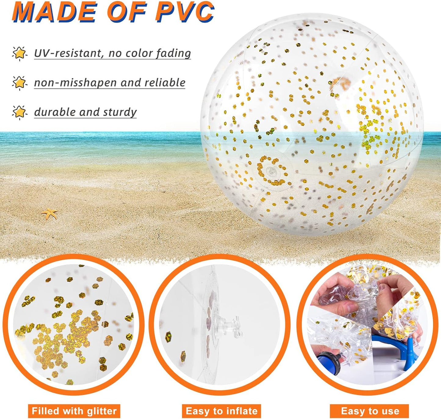 2PCS Inflatable Beach Balls, Glitter Beach Ball 16 Inch Clear Inflatable Ball with Gold Confetti for Kids Birthday Summer Pool Party