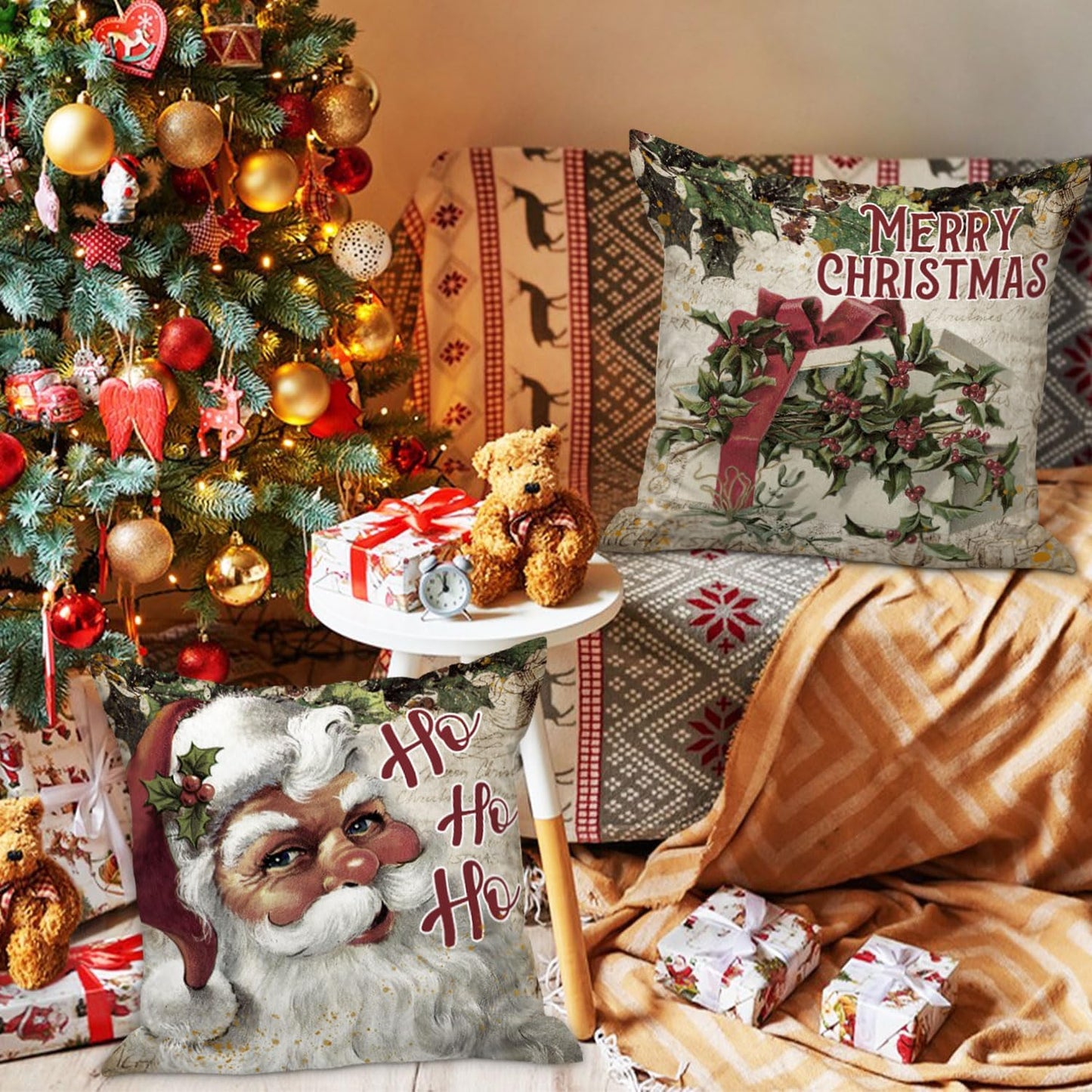Vintage 26X26 Christmas Throw Pillow Covers Set of 4, Retro Santa Claus Snowman Decorative Holiday Pillow Case Cushion Cover 26 X 26 for Indoor Home Bedroom Sofa Couch Xmas Decor