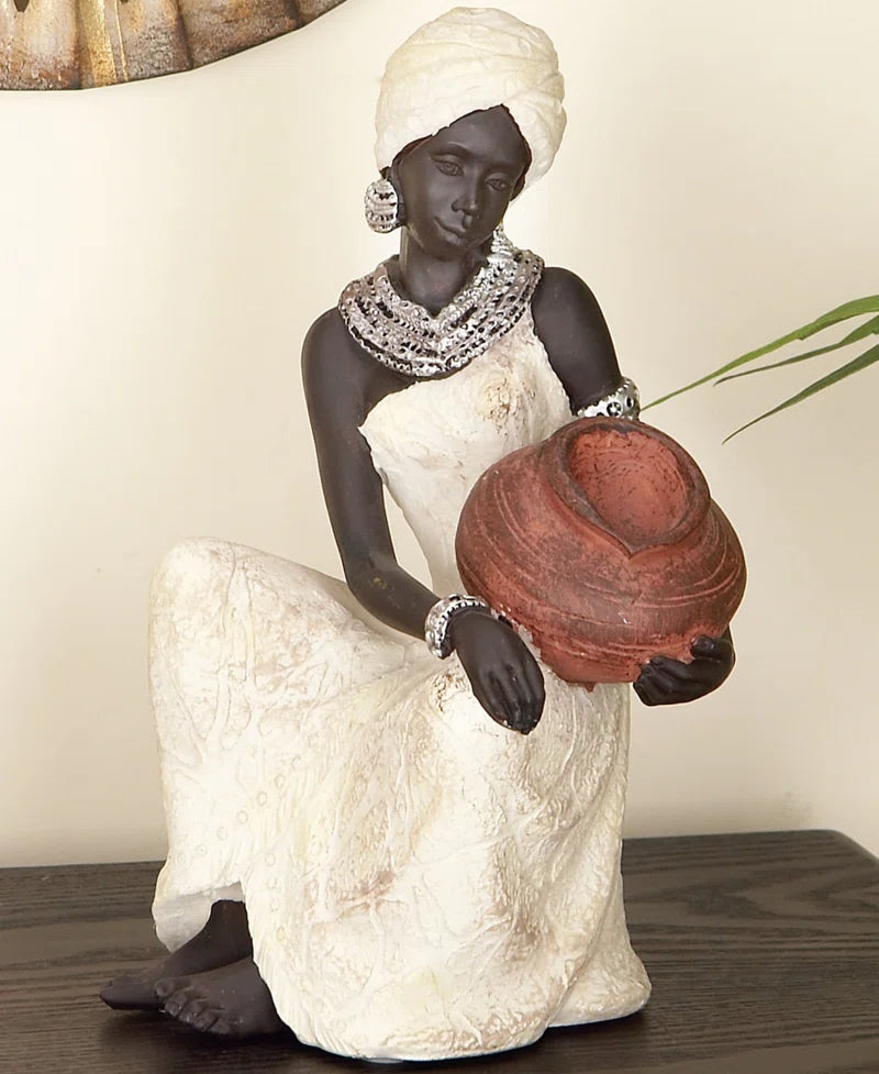 Harly Cream Polystone Sitting African Woman Sculpture with Red Water Pot