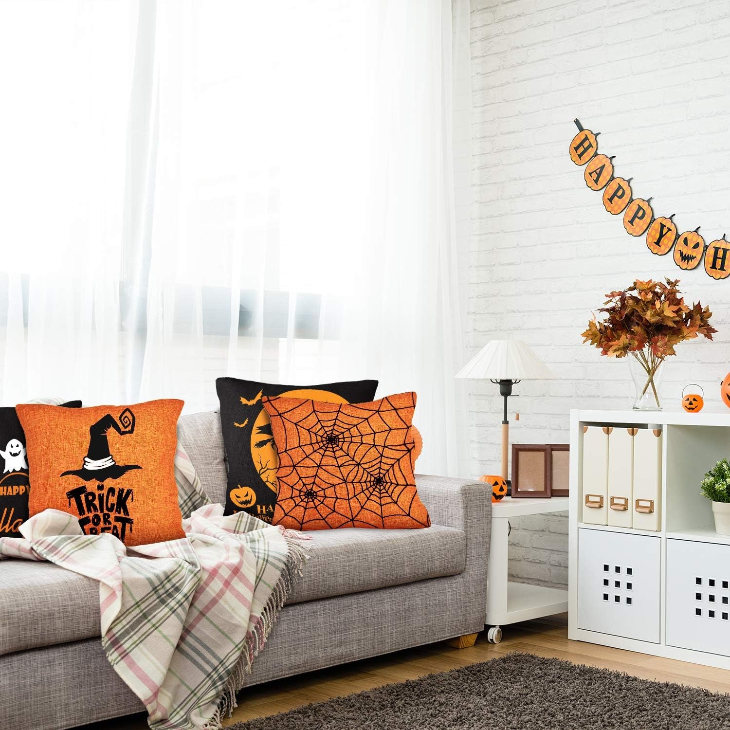 4 Pieces Halloween Pillow Case, Orange and Black Pillow Cover, Happy Halloween Linen Sofa Bed Throw Cushion Cover Decoration (18" X 18")