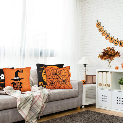 4 Pieces Halloween Pillow Case, Orange and Black Pillow Cover, Happy Halloween Linen Sofa Bed Throw Cushion Cover Decoration (18" X 18")