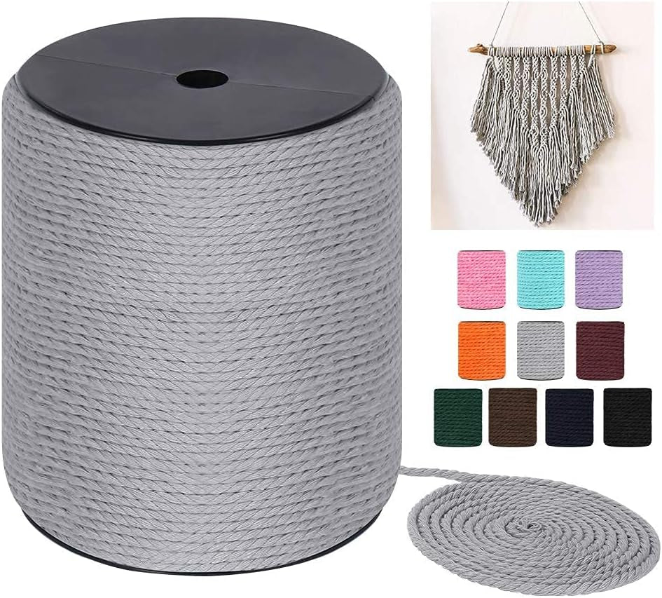 Macrame Cord 3Mm X 328Yards(984Feet), Natural Cotton Macrame Rope - 3 Strands Twisted Macrame Cotton Cord for Wall Hanging, Plant Hangers, Crafts, Gift Wrapping and Wedding Decorations