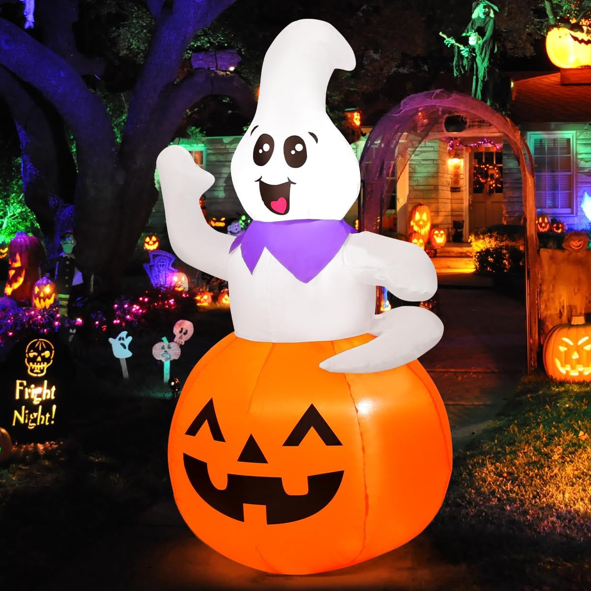 5 FT Halloween Inflatable Cute Pumpkin Ghost Outdoor Decorations Blow up Yard Ghost in Pumpkin with Built-In Leds for Indoor Party Garden Lawn Decor