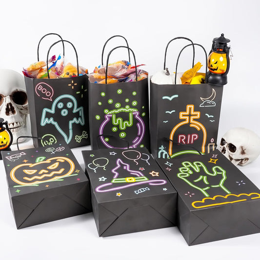 24 Pack Halloween Paper Gift Candy Bags with Handle,Halloween Neon Black Shining Trick or Treat Goody Bags,Kraft Paper Halloween Candy Bags for Goodie Snack Trick or Treating Party Supplies