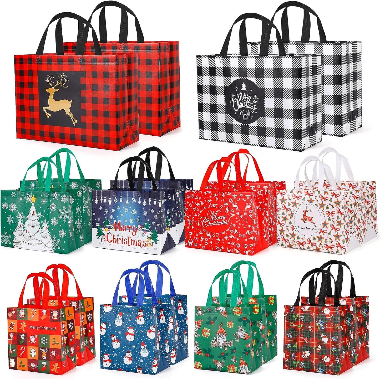 20 Pack Christmas Gift Bags Assorted Sizes, Reusable Tote Bags with Handle, Includes 4 Large 8 Medium 8 Small Non-Woven Christmas Bags for Xmas Party Favors